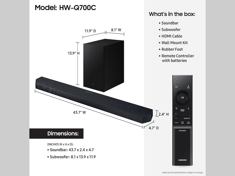 Soundbar-Subwoofer Samsung HW-Q700C/EN, 320W 3.1.2CH, bluetooth wireless