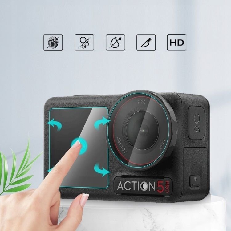 Set mbrojtës xhami PULUZ PU958T SB9461 për DJI Osmo Action 5 Pro, 2x screen protector, mbrojtje lente, transparent