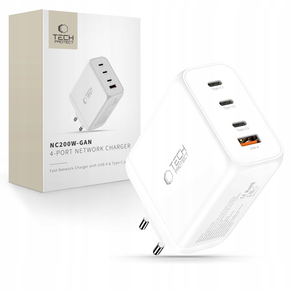 Karikues rrjeti Tech-Protect NC200W GaN, 4 porta, 200W, i bardhë