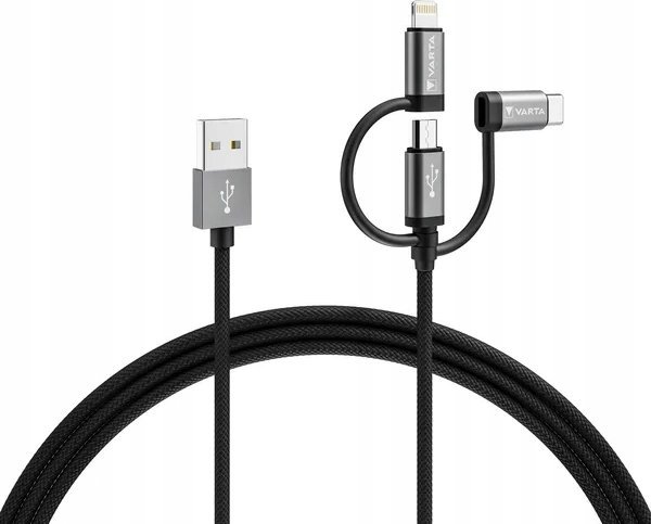 Kabllo karikimi Varta 57937, 3 në 1 Lightning Micro USB USB C, 2m, e zezë