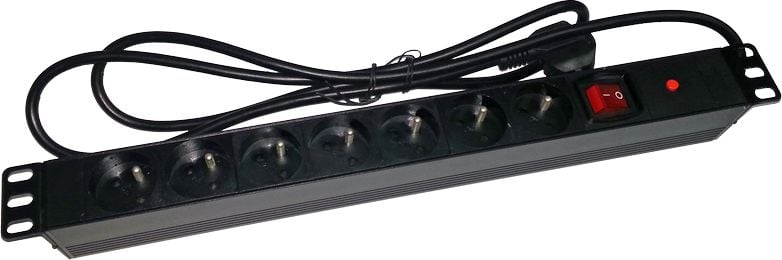 Shirit kontakti Alantec PZ071U, 7 priza, 230V, 1.8m, për raft 19", i zi