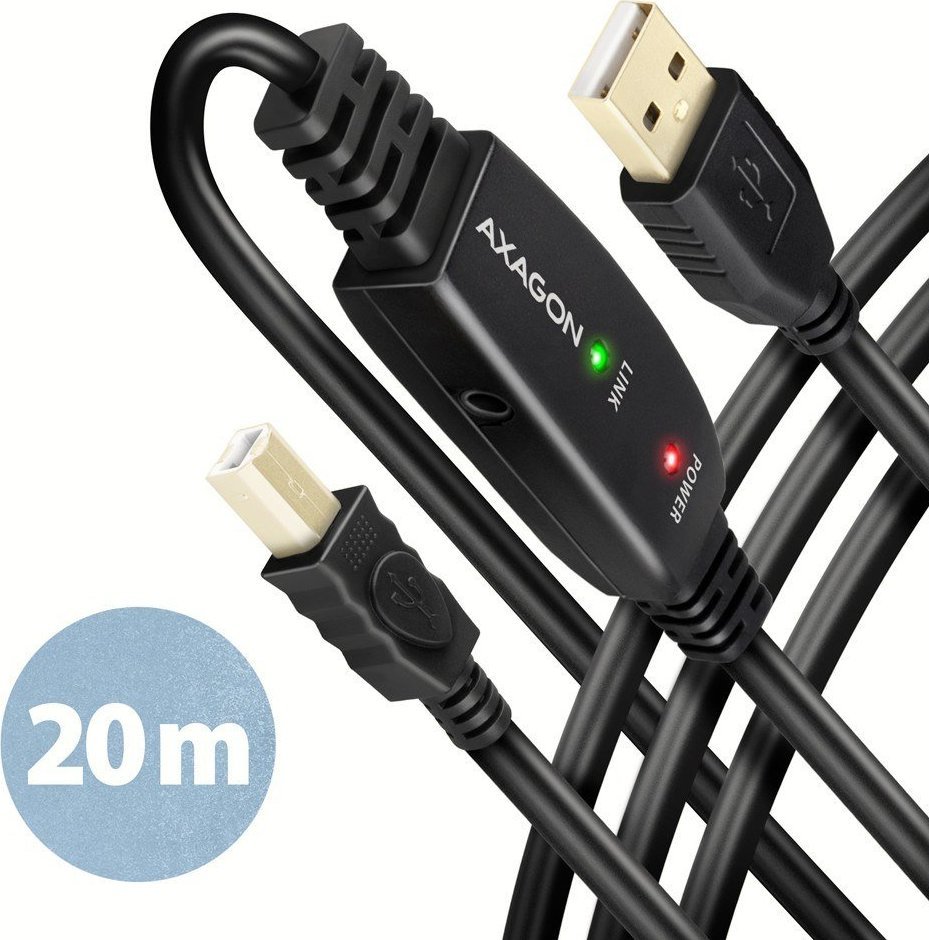 Kabllo USB Axagon ADR-220B, USB A në USB B, 20 m, e zezë