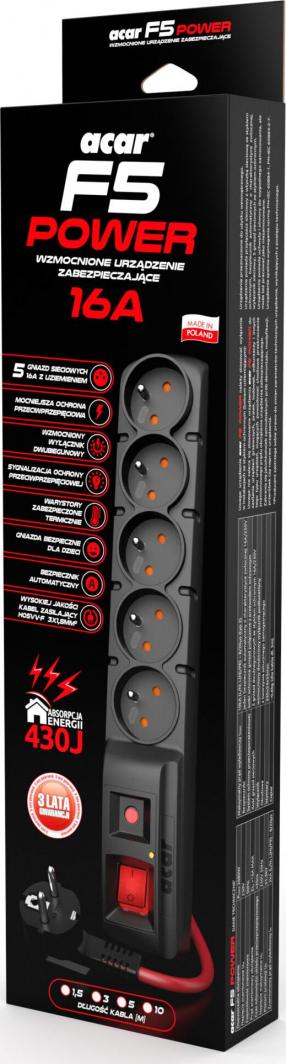 Kabllo zgjatëse Acar F5 POWER, 10 m, 5 priza, e zezë