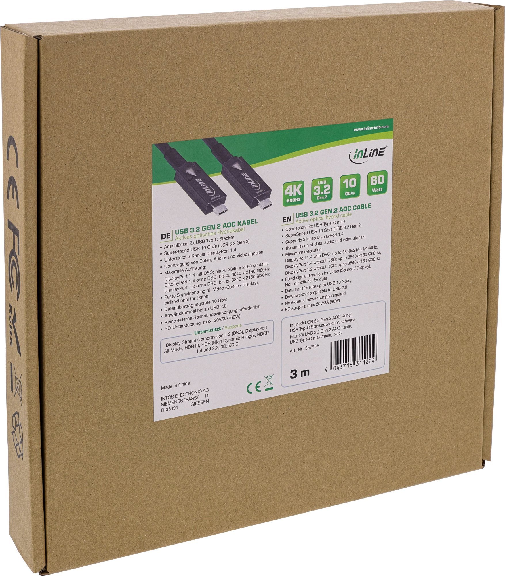 Kabllo USB InLine USB 3.2 Gen 2 AOC, USB C në USB C, 15m, i zi