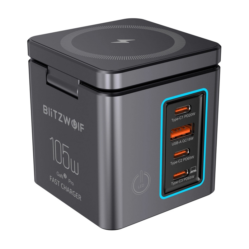 Ngarkues muri BlitzWolf BW‑i113 GaN, 105W, 3xUSB‑C 1xUSB‑A, gri