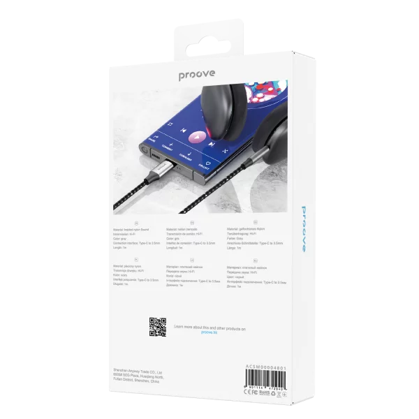 Kabllo audio Proove SoundMesh Type-C në 3.5mm(AUX), 1m, gri