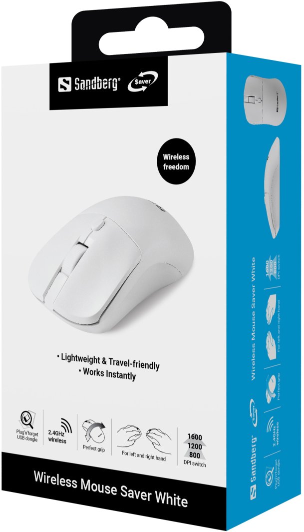 Mausi Sandberg Wireless Mouse Saver, 1600 DPI, i bardhë