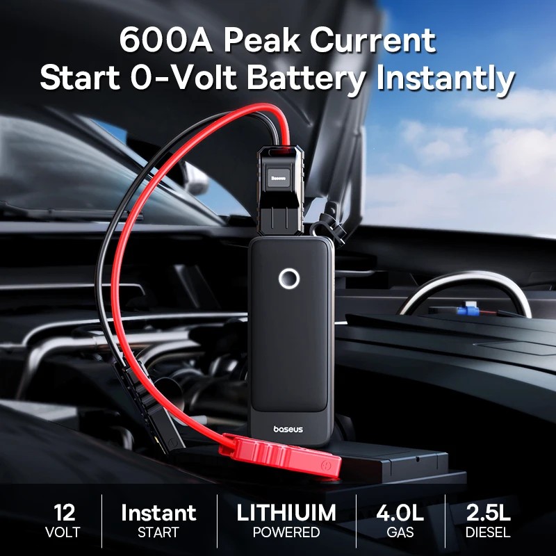 Startues baterie për veturë Baseus 600A, power bank 6000mAh, për motorë benzine, i zi