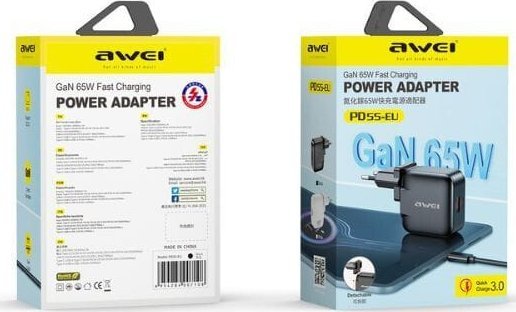 Karikues muri Awei PD55-EU, 65W, USB dhe USB-C GaN, i zi