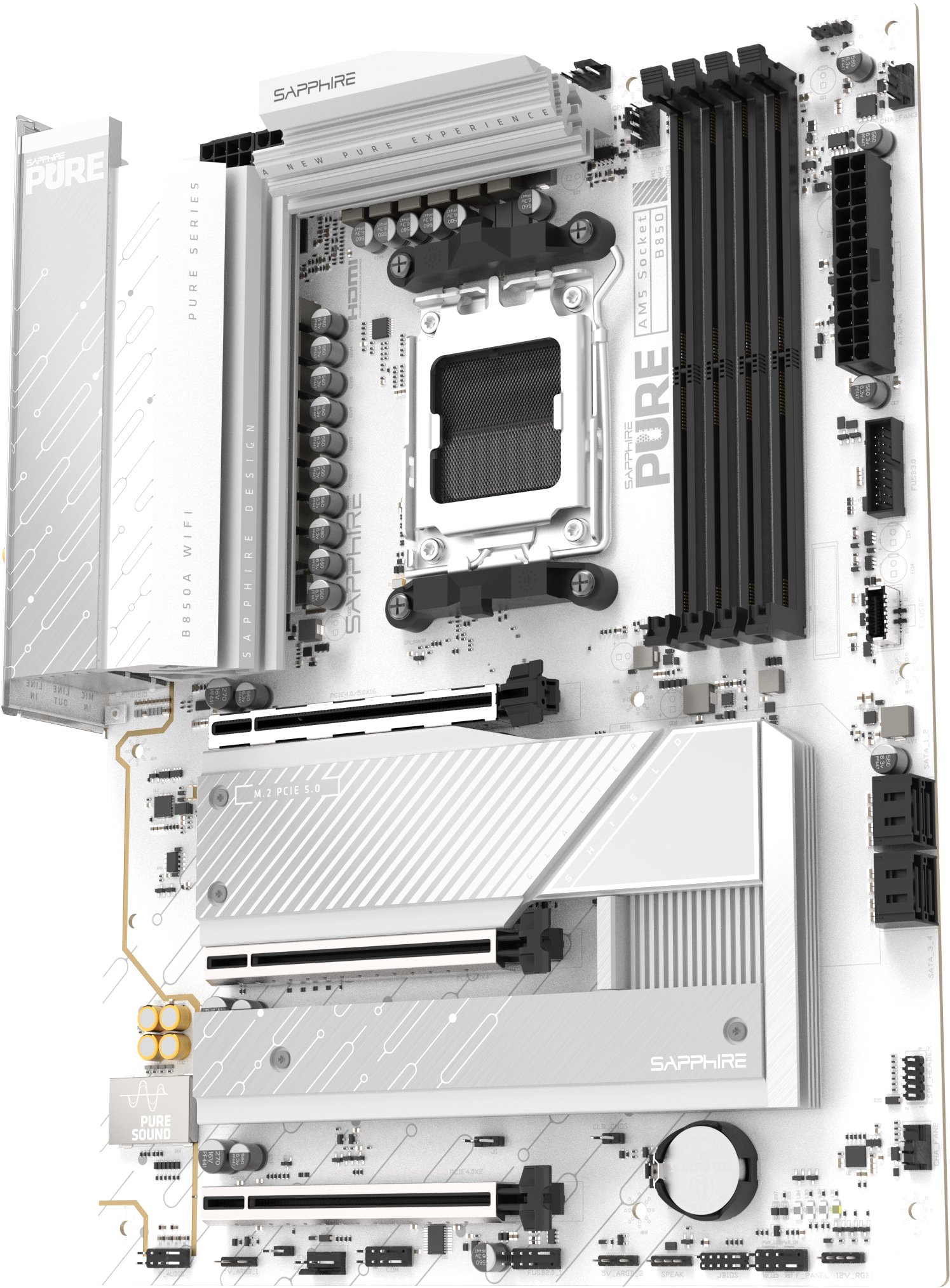 Pllakë amë Sapphire Pure B850A, ATX, WiFi 7, e bardhë