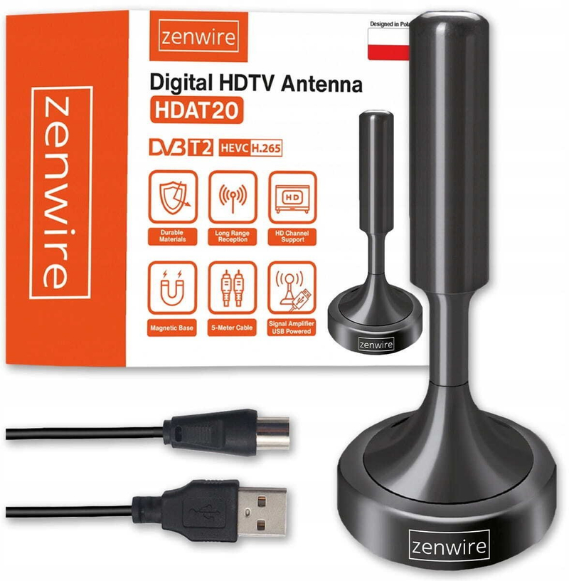 Antena TV e brendshme Zenwire HDAT20, DVB T2 HEVC H.265, kabllo 5 m, Full HD 4K, e zezë