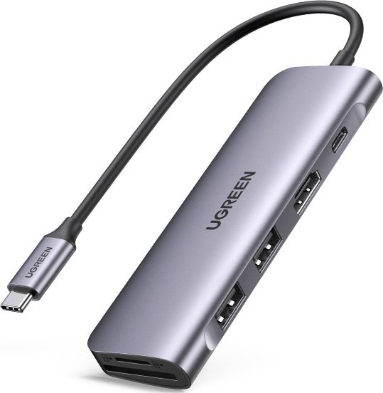 Докинг станица Ugreen CM195, USB C 6 во 1, HDMI 4K, PD 100W, сива