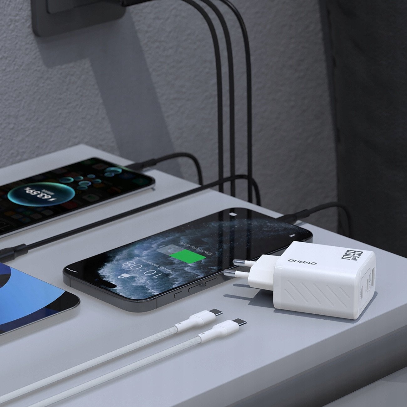 Полнач USB Dudao A29EU, 65W GaN, 2x USB C 1x USB A, бел