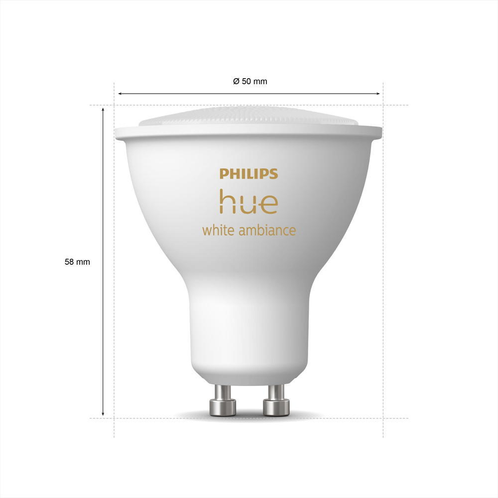 Llambë smart Philips Hue White Ambiance GU10, dritë e bardhë e rregullueshme, kontroll me Bluetooth, e bardhë