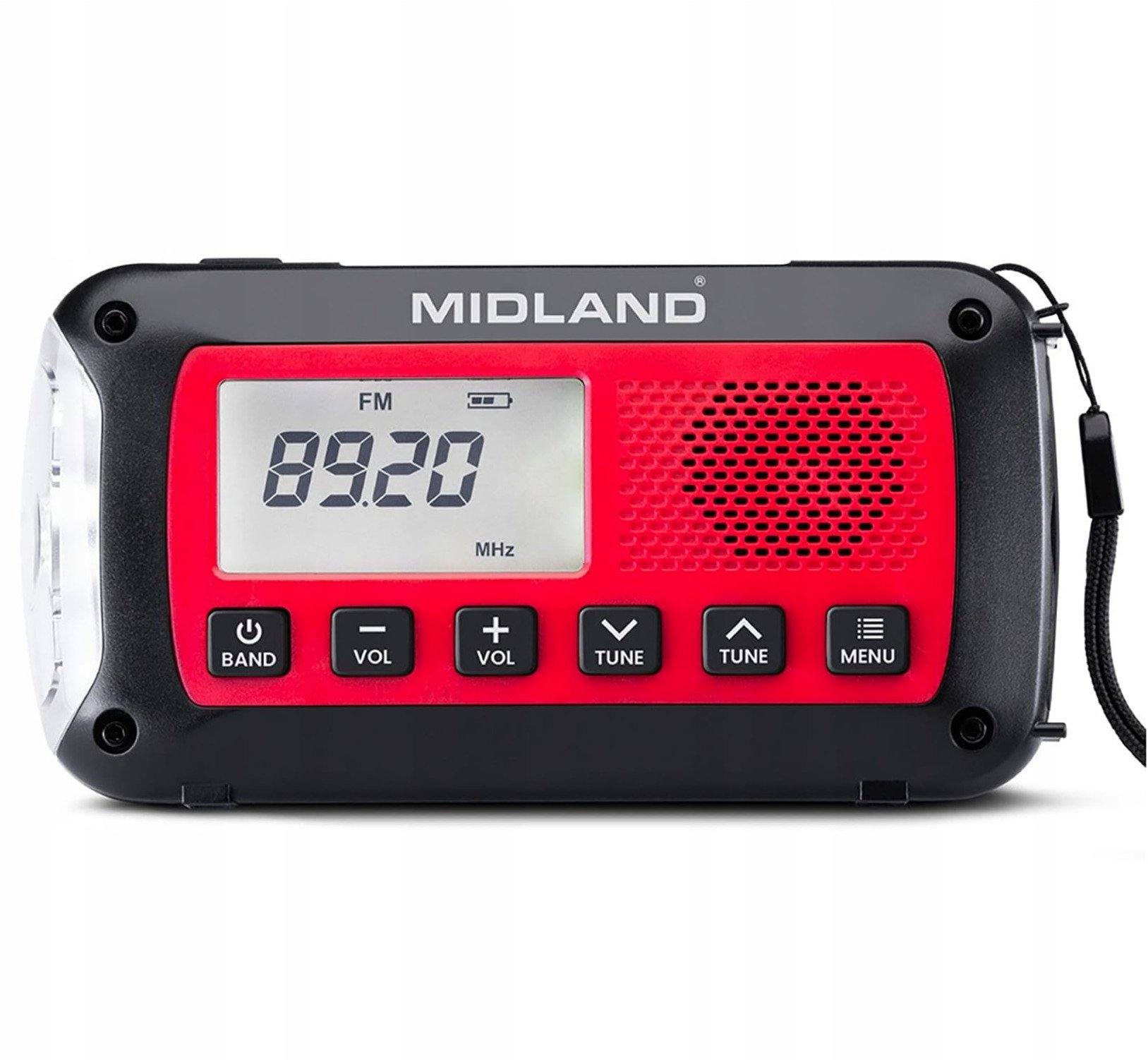Radio alarm emergjence Midland ER100, 2600mAh, dinamo dhe panel diellor, e zezë