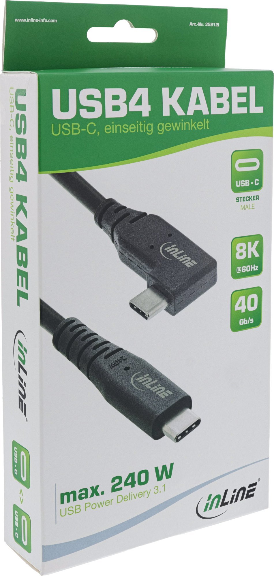 Кабел USB4 InLine, USB C со агол, PD 240W, 8K 60Hz, 1.5m, црн