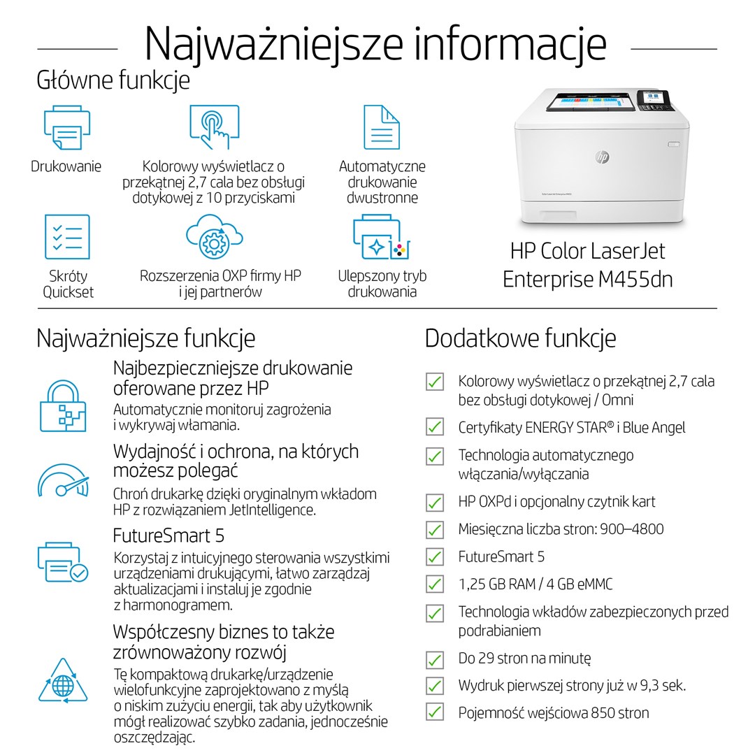 Printer HP Color LaserJet Enterprise M455dn, lazer me ngjyra, i bardhë