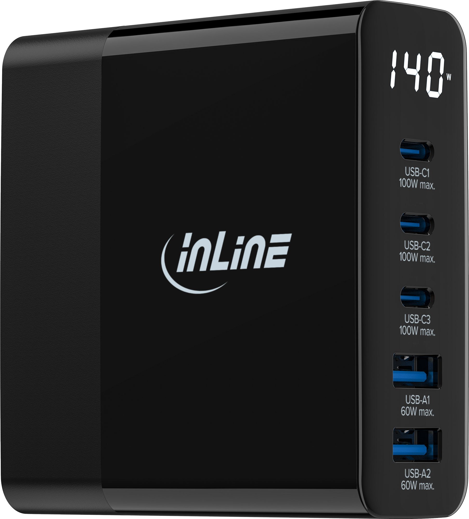 Karikues GaN InLine USB PD, 5 porta, 140W, me ekran