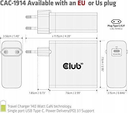Karikues udhëtimi CLUB3D CAC-1914, 140W GaN, Power Delivery 3.1, USB Type C