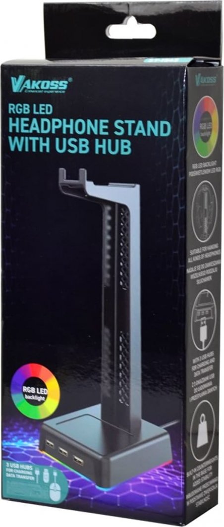Mbajtëse për kufje Vakoss, 3x USB, RGB, e zezë