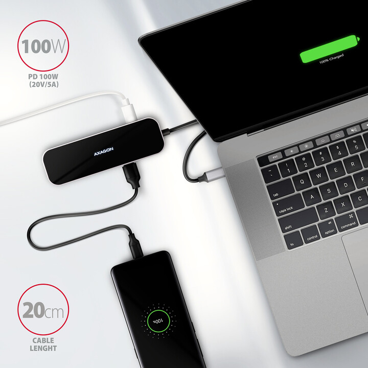 Hub shumëfunksional AXAGON 5në1 USB 3.2 Gen 1, 4x USB-A, HDMI, PD 100W, kabllo USB-C 20cm