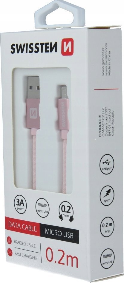 Kabllo USB Swissten Textile, USB në Micro USB, 0.2m, 3A, e zezë