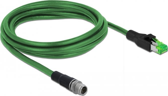 Мрежен кабел Делок М12 4 пин D-кодирано во RJ45, 2m, PVC, сив
