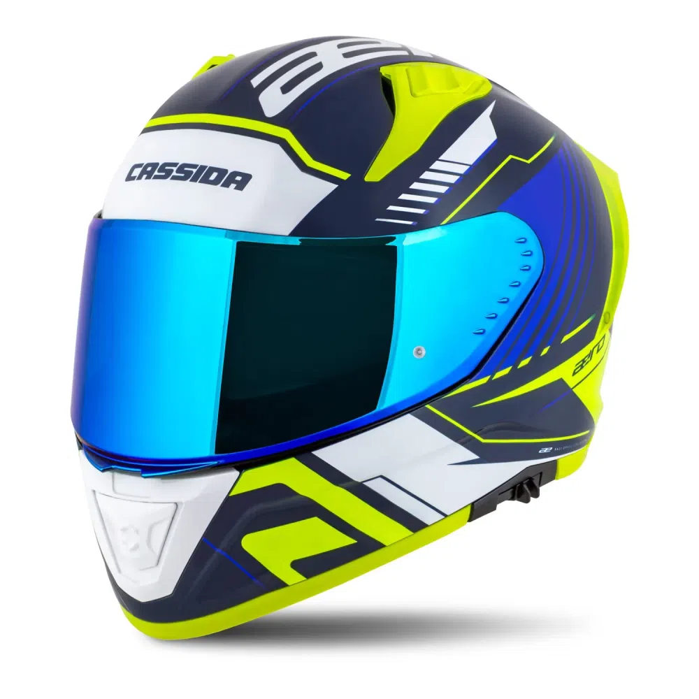 Helmetë moto CASSIDA Aero Drome, madhësia M, blu verdhë fluo e bardhë