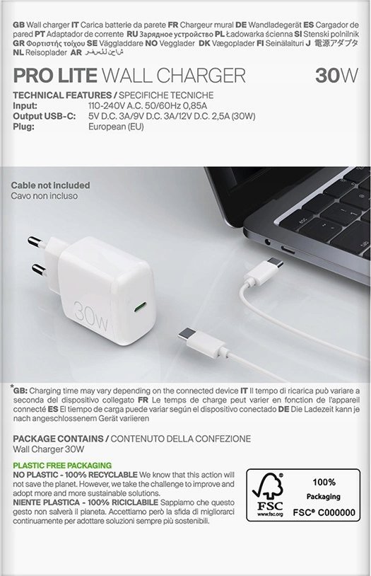 Karikues USB Type C Puro PRO LITE, 30W, i bardhë