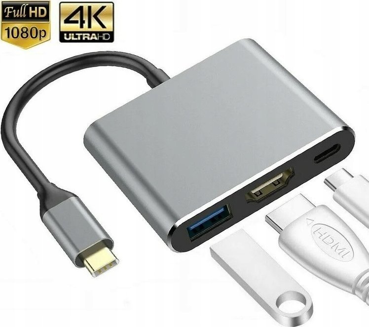 Hub USB-C Platinet 3.2 Gen2 3in1, HDMI 4K, PD 100W, gri alumini