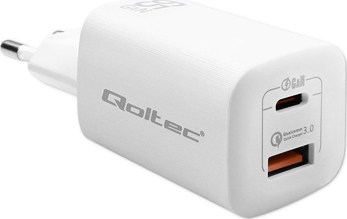 Karikues muri Qoltec GaN Ultra, 65W, USB C PD dhe USB QC 3.0, i bardhë