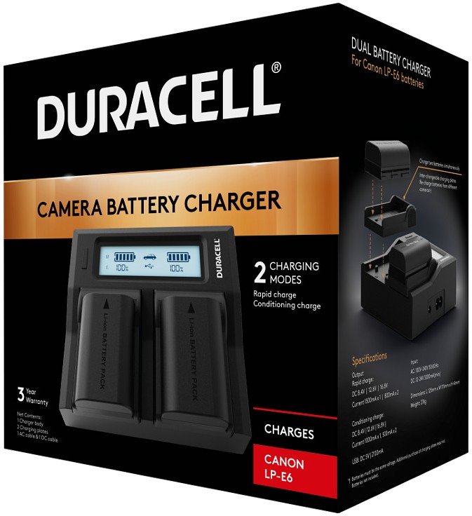 Karikues baterie Duracell Dual, për Canon LP-E6 LP-E6N, i zi