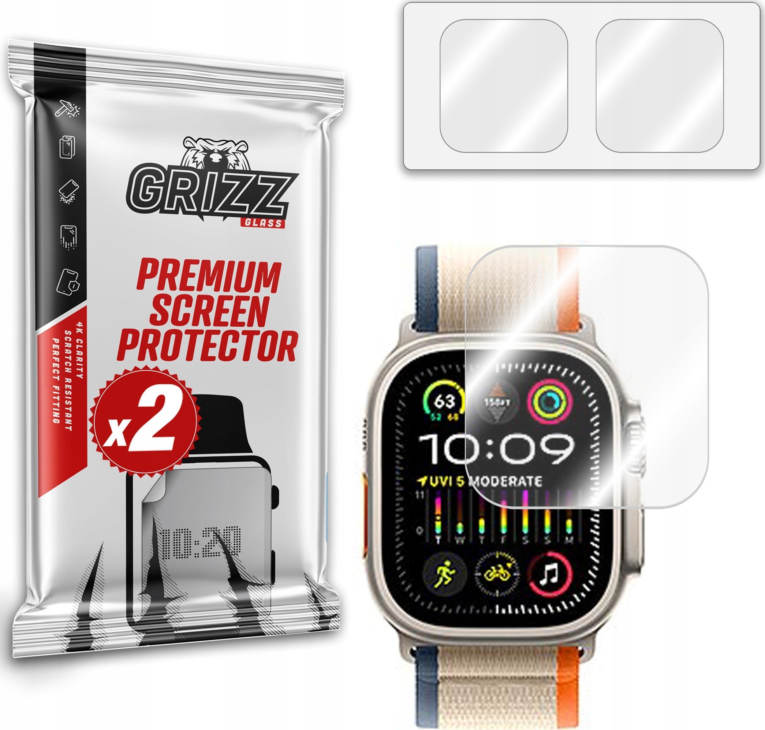 Mbrojtës ekrani hibrid GrizzGlass HybridGlass për Apple Watch Ultra 2, set 2 copë, transparent