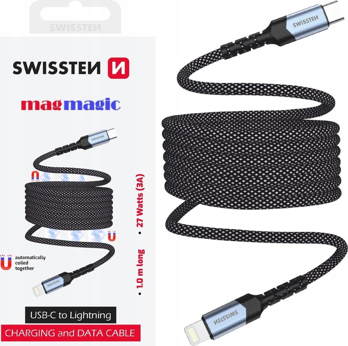 Kabull magnetik Swissten Self Retracting, USB C dhe Lightning, 1 m, zi argjend