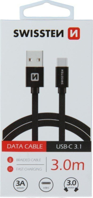 USB во USB C Swissten текстилен кабел, 3m, 3A, црн