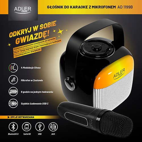 Altoparlant karaoke Adler AD 1199, SD/USB/AUX/Bluetooth