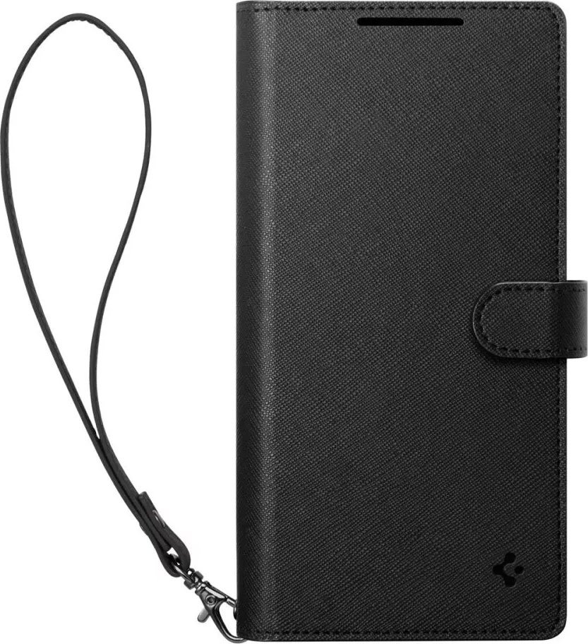Kapak portofol Spigen Wallet S për Samsung Galaxy S25 Ultra, lëkurë, funksion stand, i zi