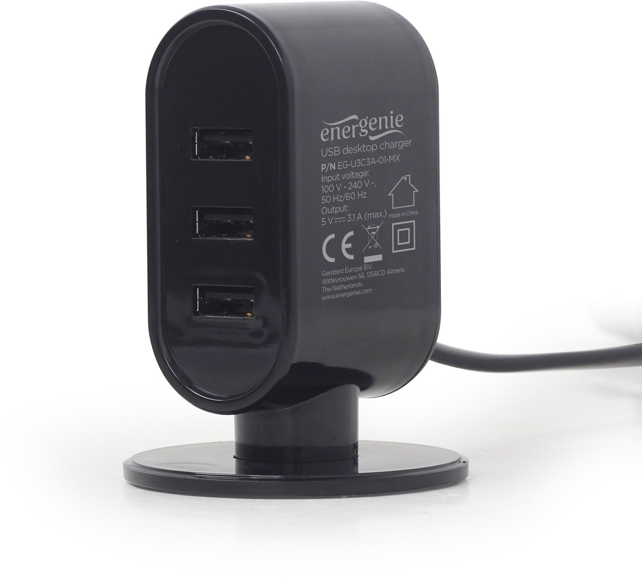 Karikues tavoline Gembird EG-U3C3A-01-MX, 3 porta USB, për pajisje mobile, i zi dhe i bardhë