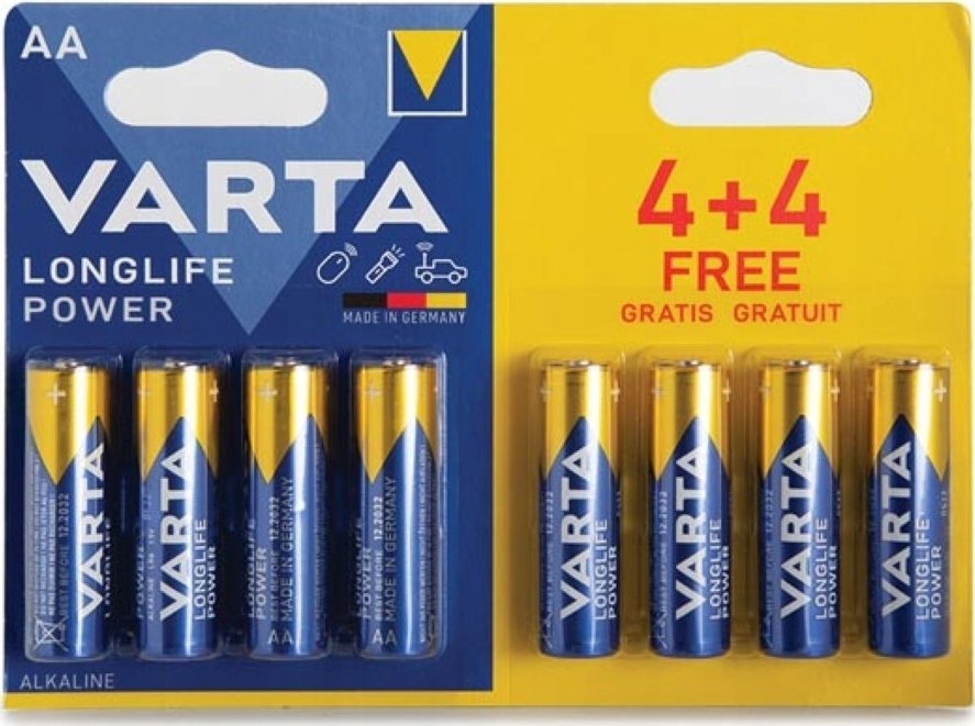 Bateri alkaline Varta Longlife Power AA, 1.5V, paketim 8 copë