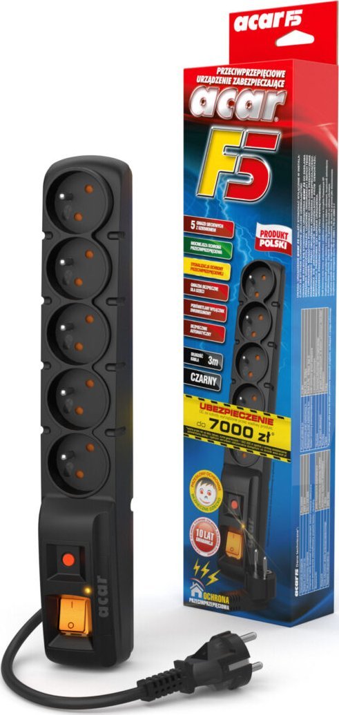 Kabllo Acar F5 (W0101), me mbrojtës ndaj mbingarkesës, 5x priza, 3m, e zezë