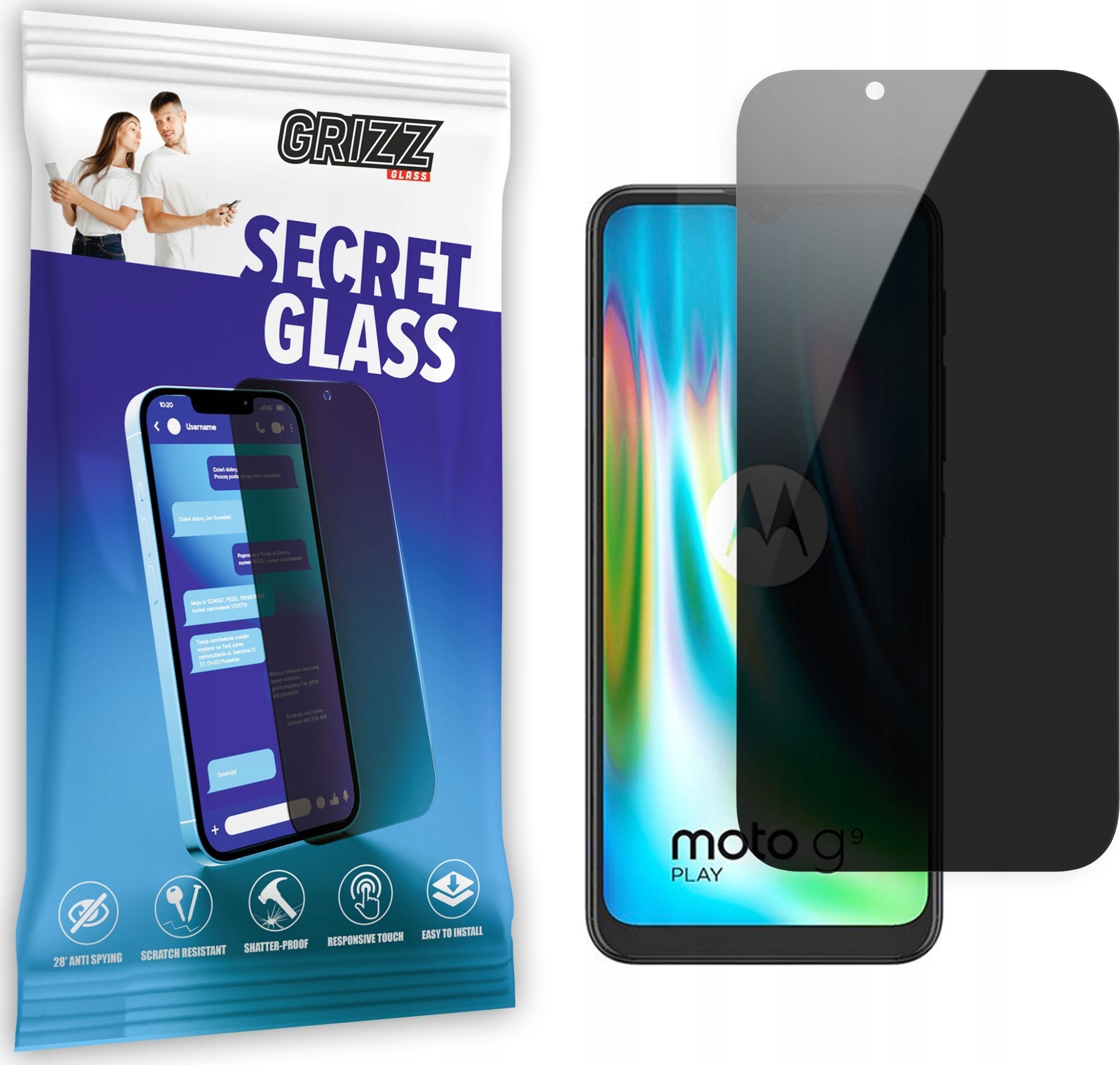 Mbajtëse xhami mbrojtëse Grizz SecretGlass Privacy për Motorola Moto G9 Play, 9H, transparente