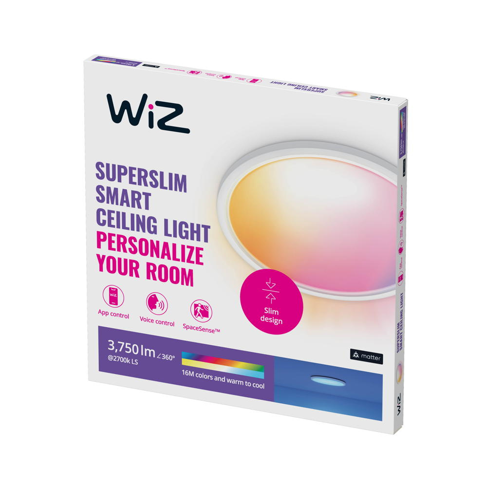 Plafonierë LED WiZ SuperSlim RGBW, Ø54 cm, smart, e bardhë