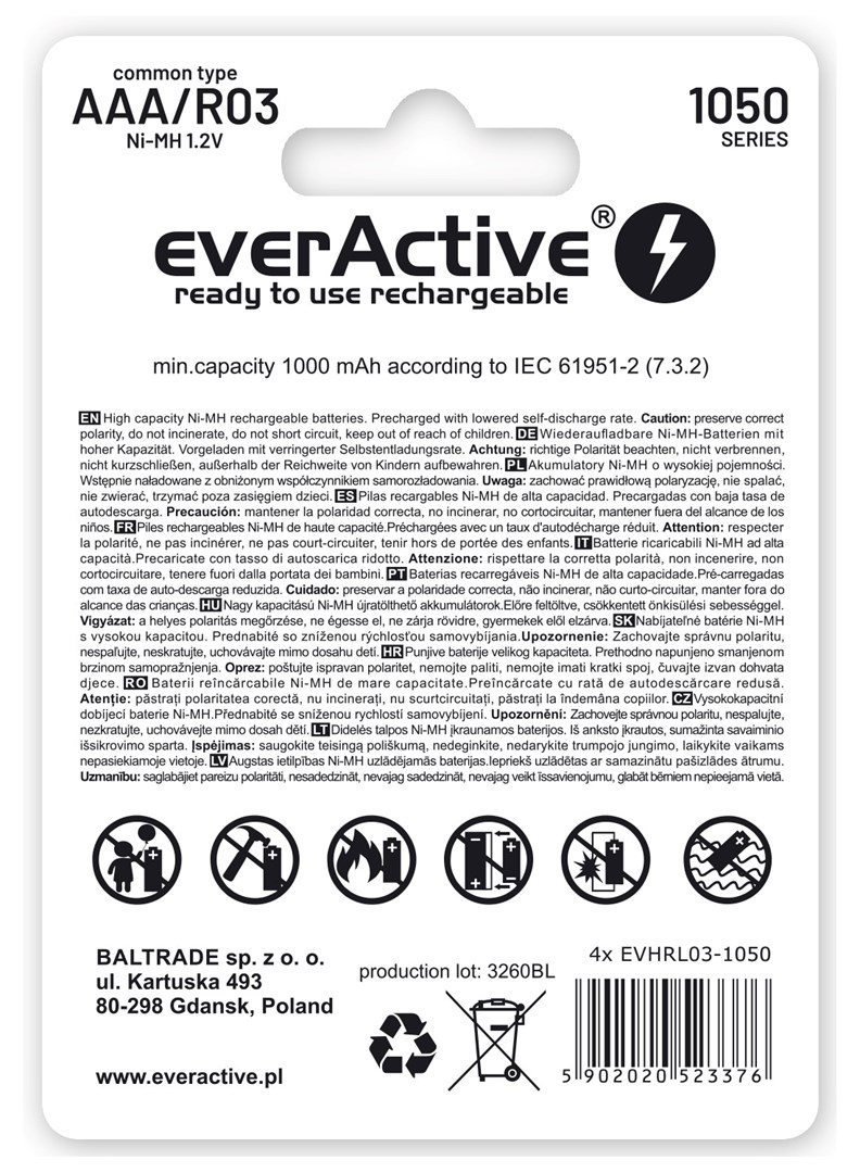 Bateri të rikarikueshme EverActive Professional Line AAA R03, 1000mAh, paketim 4 copë, të bardha