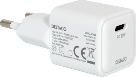 Karikues muri Deltaco USB C Mini, 1x USB C PD, 20W, i bardhë