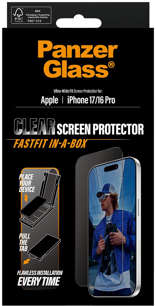 Mbrojtëse ekrani PanzerGlass për iPhone 17 dhe iPhone 16 Pro, Ultra Wide Fit, FASTFIT in a Box, transparente