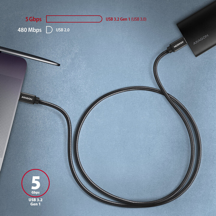 Кабел AXAGON USB-C - USB-C SPEED USB3.2 Gen 1, PD60W 3A, 2m, црн