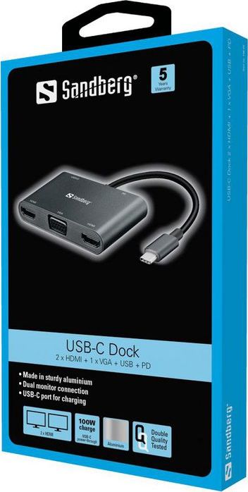 Docking station Sandberg 136-35, USB C, HDMI dhe VGA, gri alumini