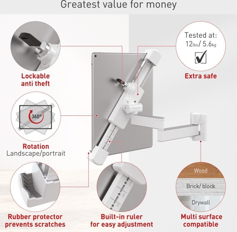 Mbajtëse muri për tablet Barkan, 7-14", e palosshme, e bardhë