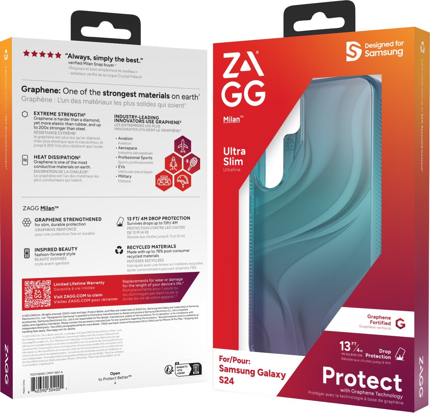 Mbështjellëse ZAGG Milan për Samsung Galaxy S24, rezistente ndaj rënieve 4m, grafen, transparente