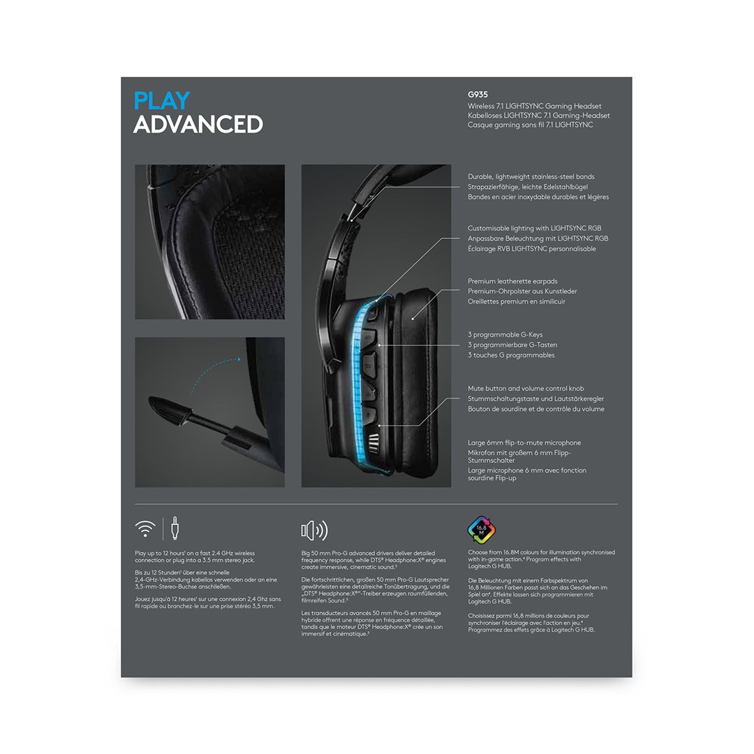 Kufje Logitech G G935, Wireless 7.1, LIGHTSYNC, të zeza/të kaltra